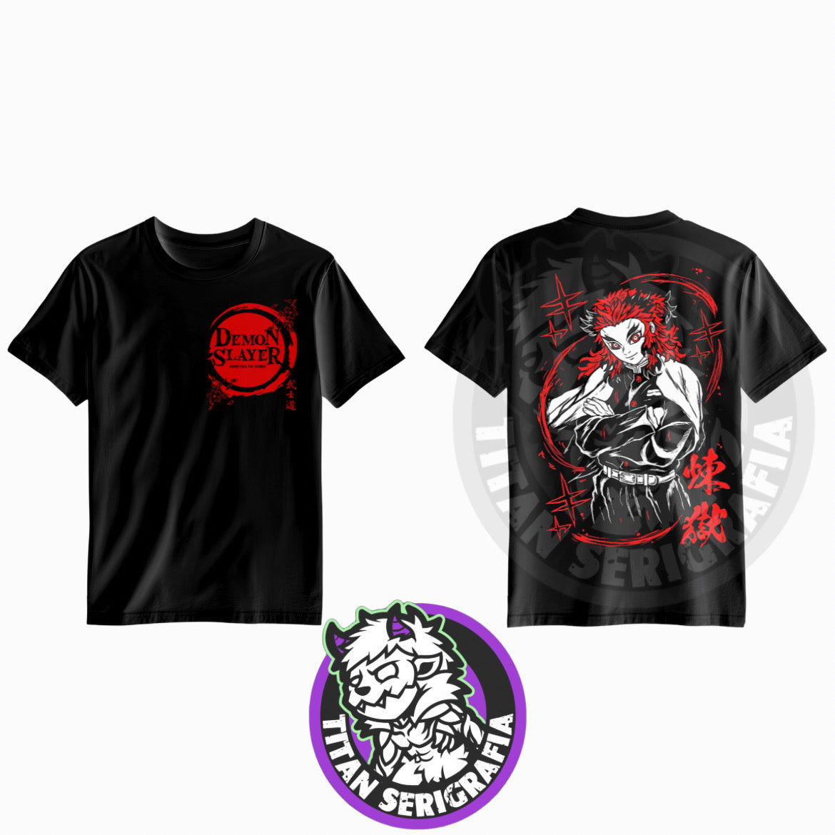 Polera negra doble estampado Kyojuro Rengoku/Demon Slayer