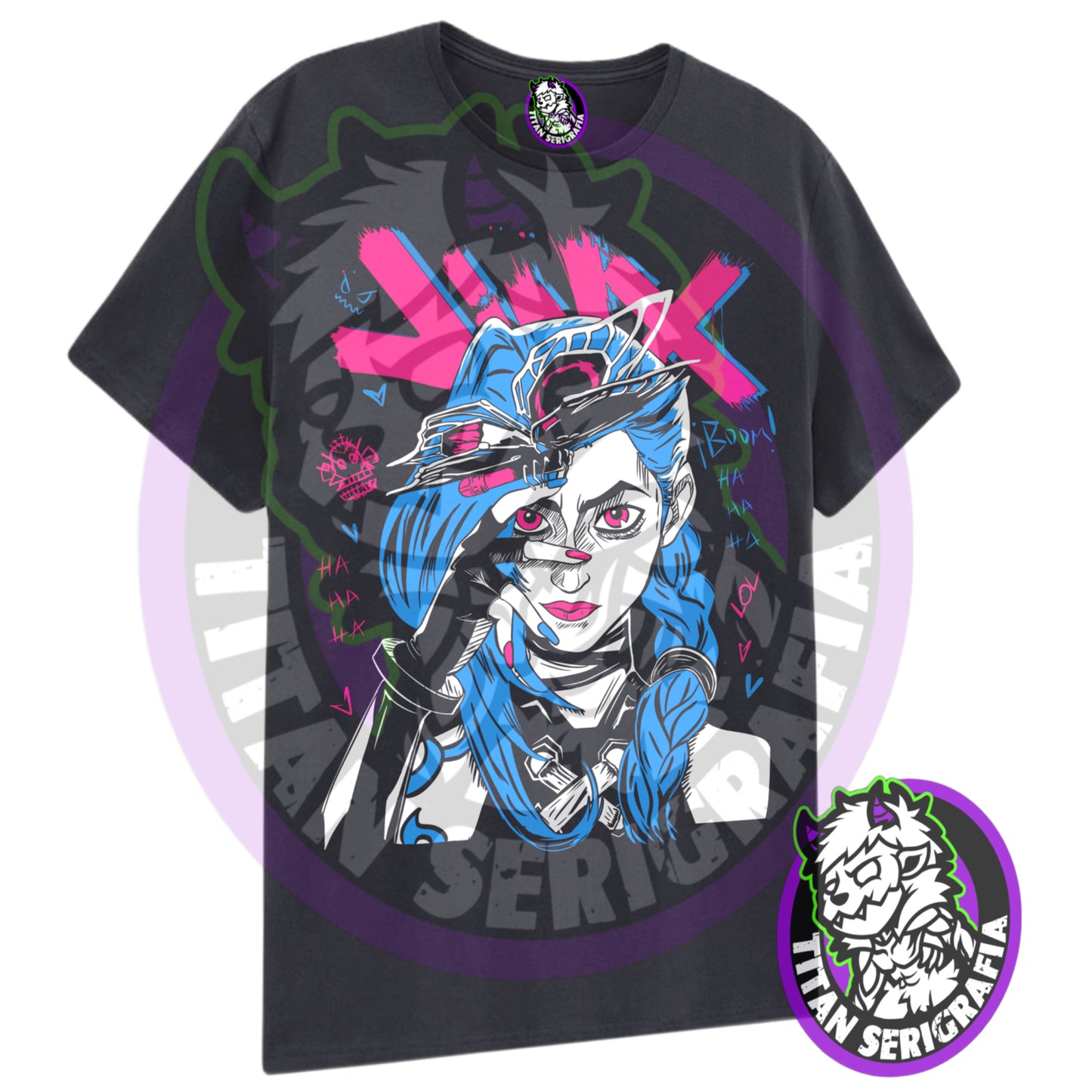 Polera negra Jinx cara-Arcane/League of legends