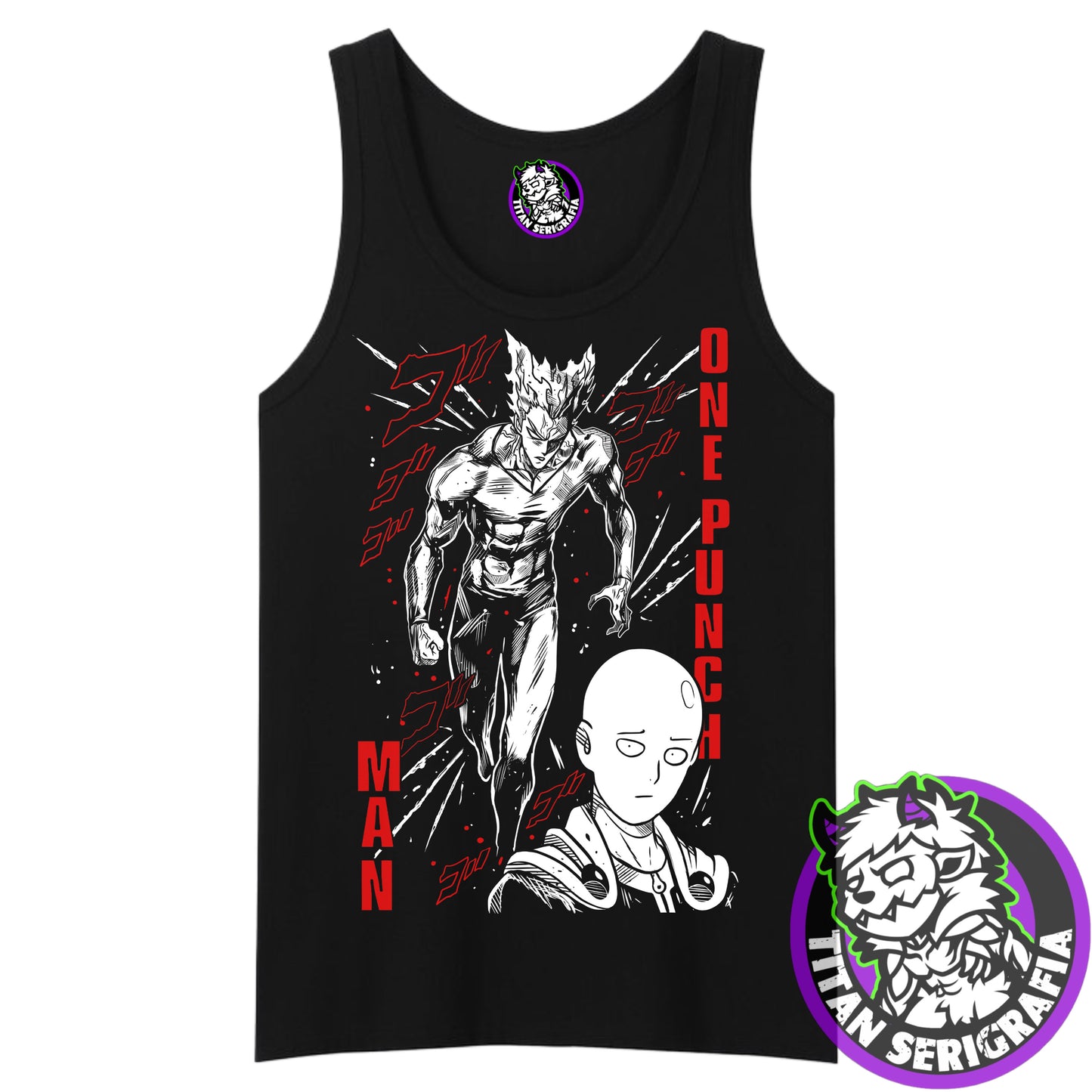 Polera negra One Punch Man/Garou y Saitama