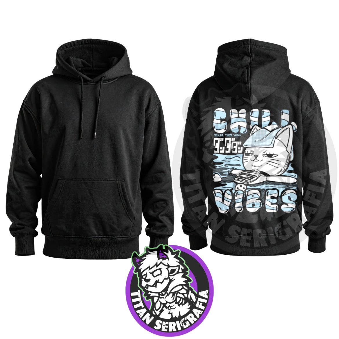 Poleron hoodie y polo negro Turboabuela ChillVibes/Dandadan