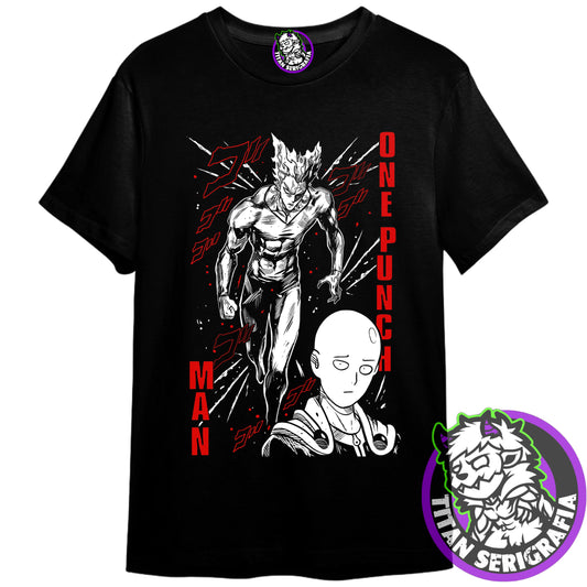 Polera negra One Punch Man/Garou y Saitama