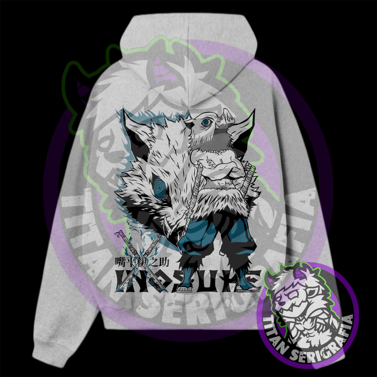 Poleron hoodie arena, rosa y gris Inosuke/Demon Slayer-Kimetsu no Yaiba