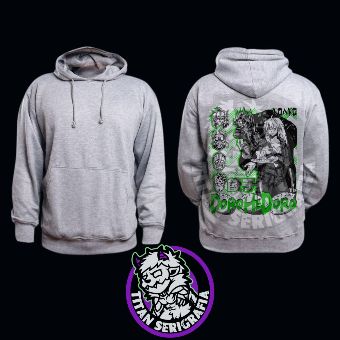 Poleron hoodie arena, gris y rosa Kaiman y Nikaido/Dorohedoro