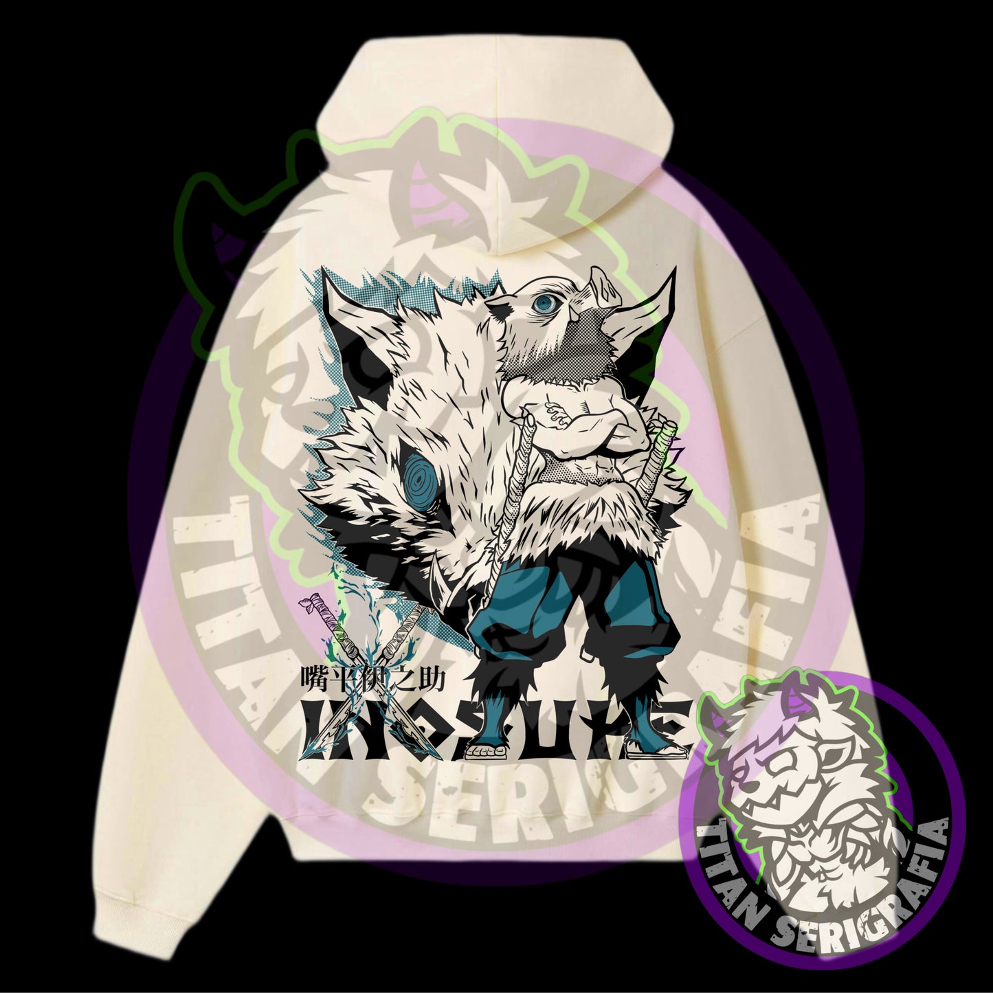 Poleron hoodie arena, rosa y gris Inosuke/Demon Slayer-Kimetsu no Yaiba