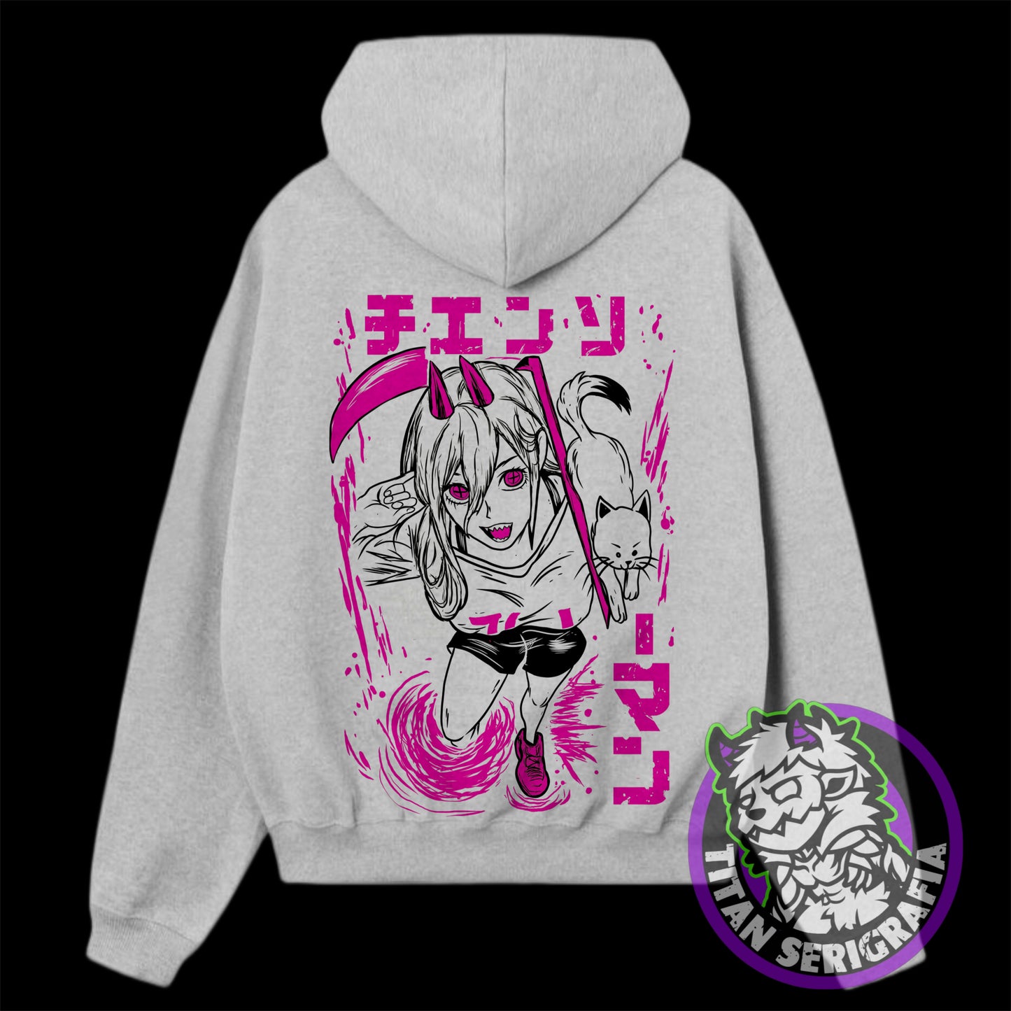 Poleron hoodie rosa y gris Power/Chainsawman