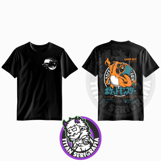 Polera negra doble estampado Charizard/Pokemon