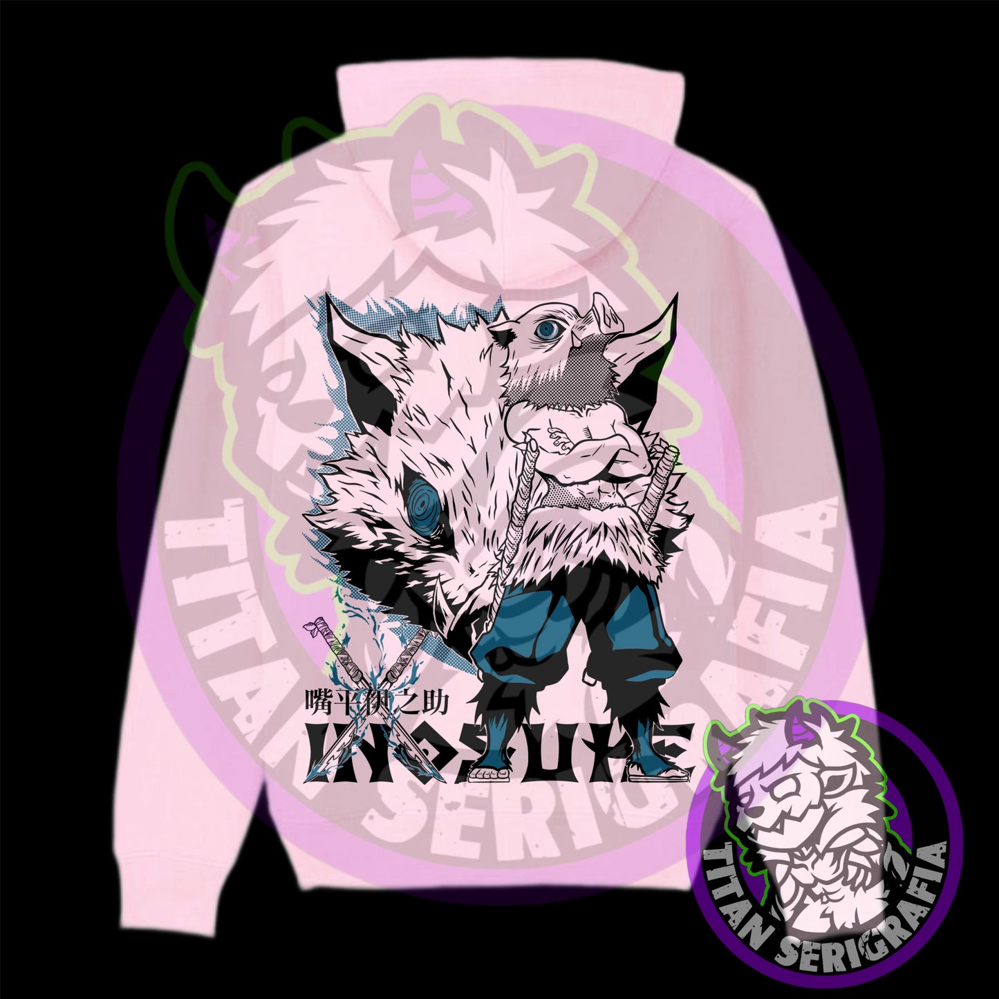 Poleron hoodie arena, rosa y gris Inosuke/Demon Slayer-Kimetsu no Yaiba