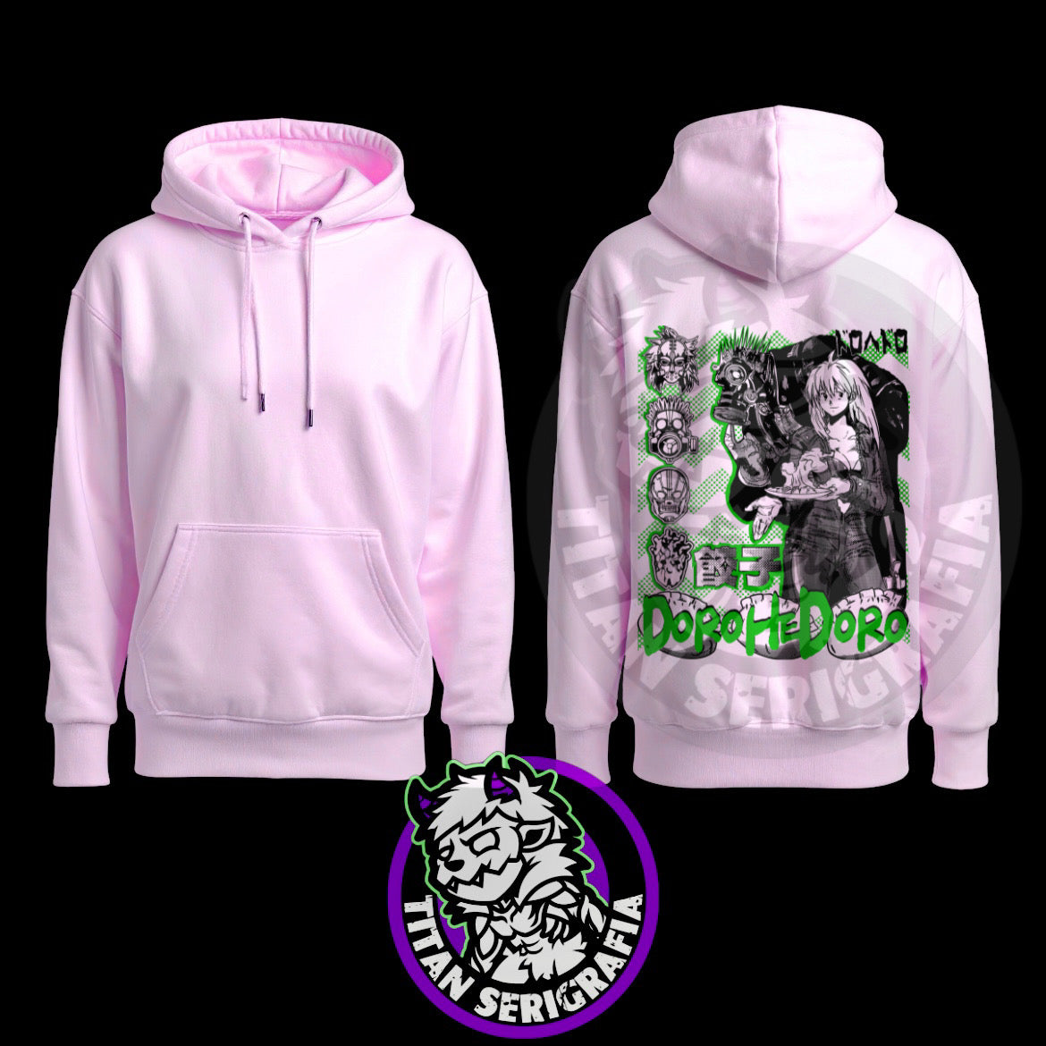Poleron hoodie arena, gris y rosa Kaiman y Nikaido/Dorohedoro
