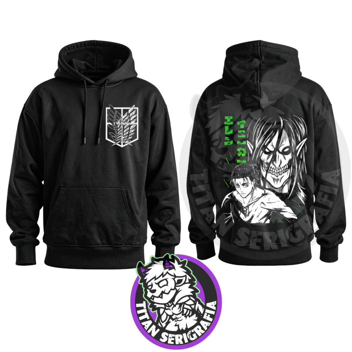 Poleron Hoodie(canguro) y polo negro Eren Jaeger/Attack on Titan