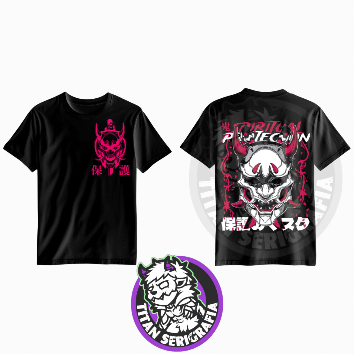 Polera negra doble estampado Máscara Oni/Japo Theme
