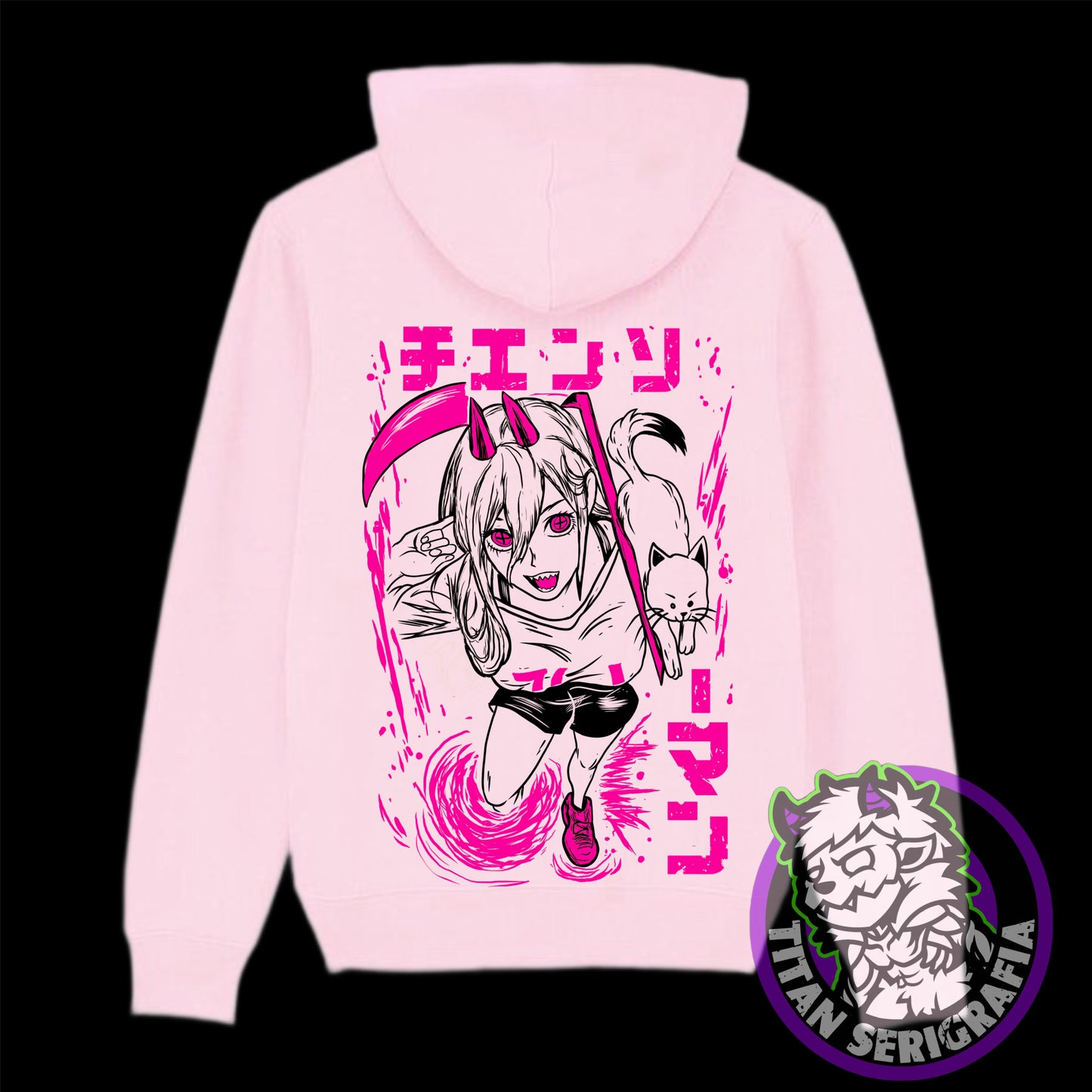 Poleron hoodie rosa y gris Power/Chainsawman