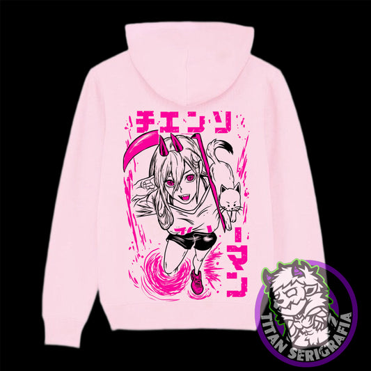 Poleron hoodie rosa y gris Power/Chainsawman