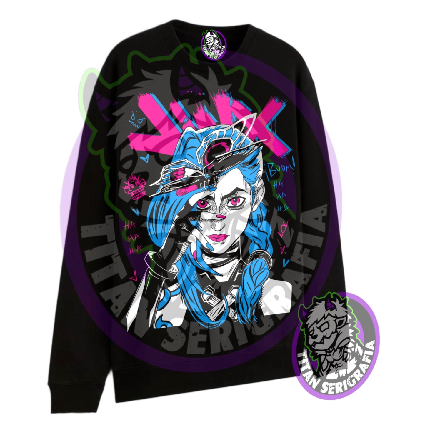 Poleron hoodie y polo negro Jinx cara-Arcane/League of legends