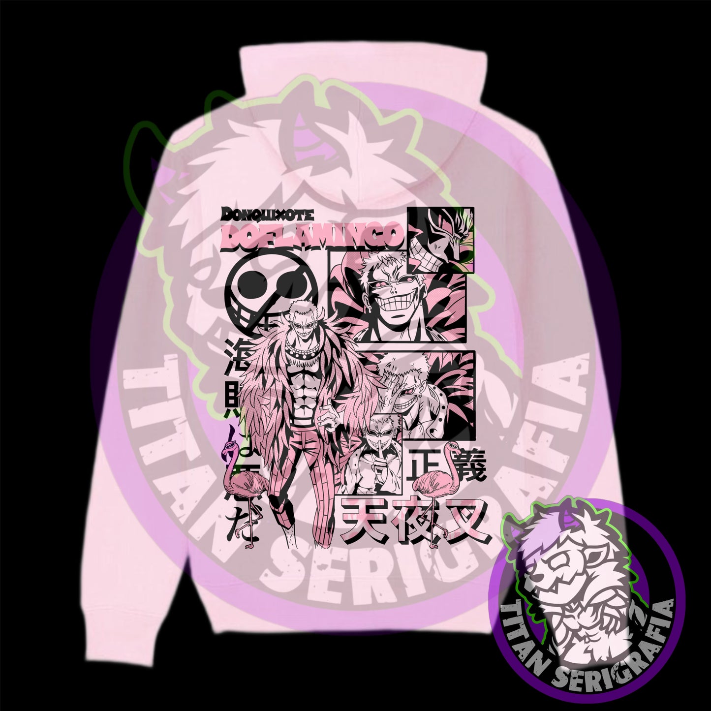 Poleron hoodie arena, gris y rosa Donquixote Doflamingo/One Piece