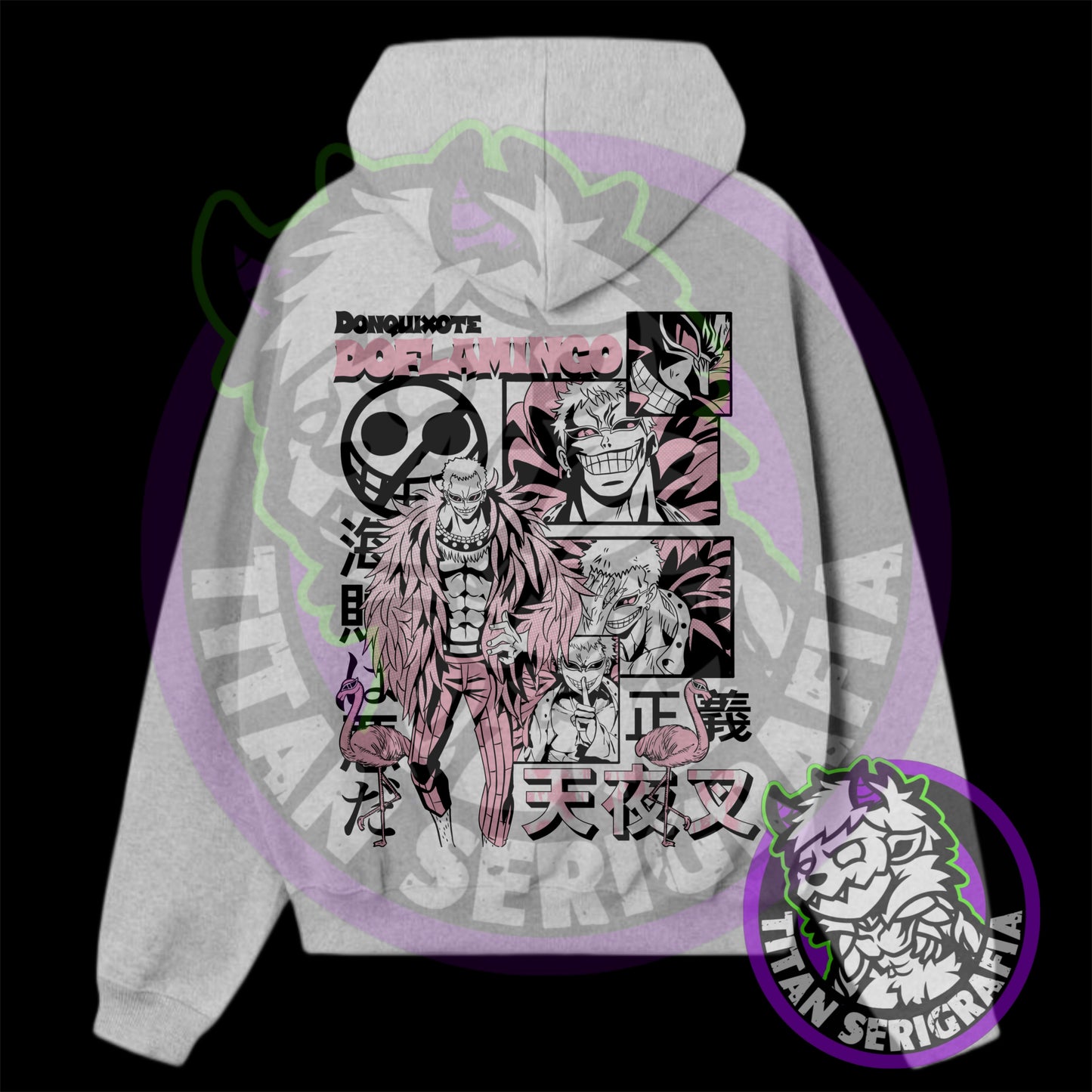 Poleron hoodie arena, gris y rosa Donquixote Doflamingo/One Piece
