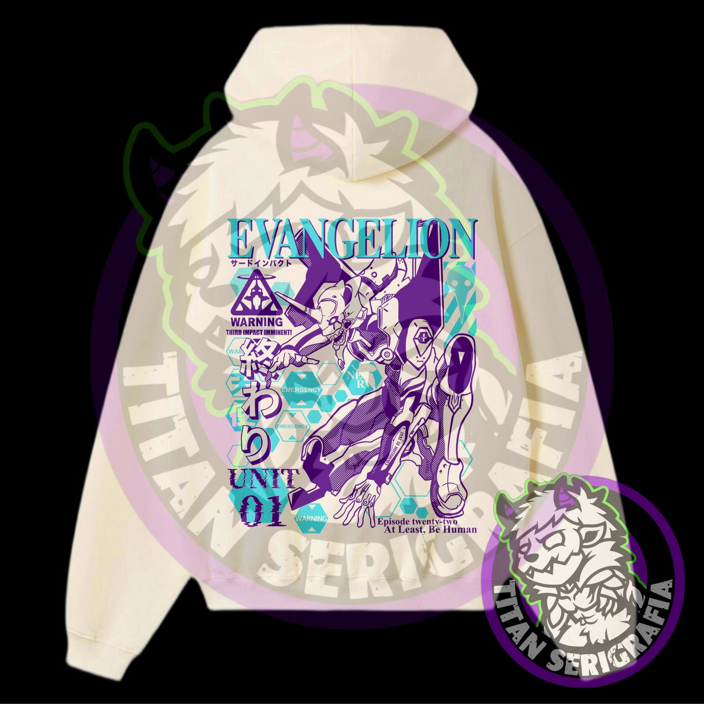Poleron hoodie arena, rosa y gris Eva01/Neon Genesis Evangelion