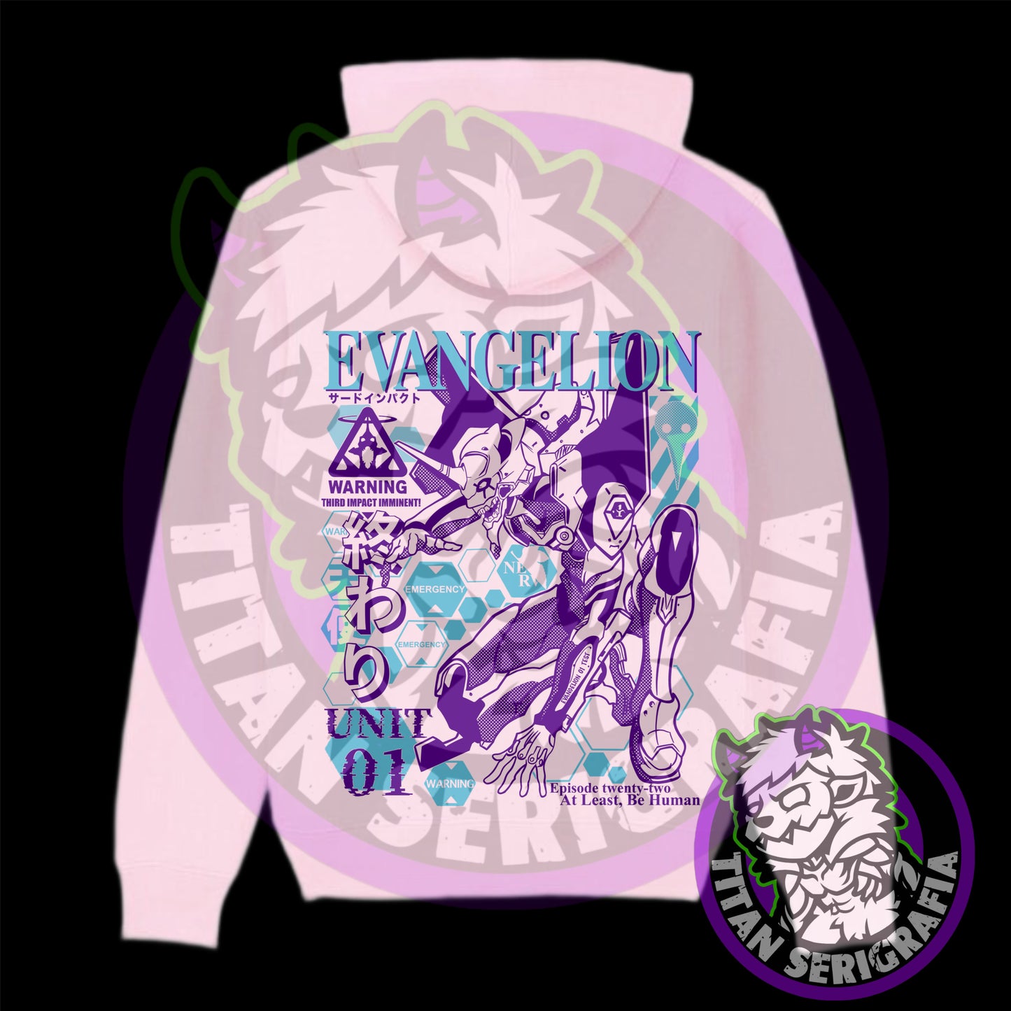 Poleron hoodie arena, rosa y gris Eva01/Neon Genesis Evangelion