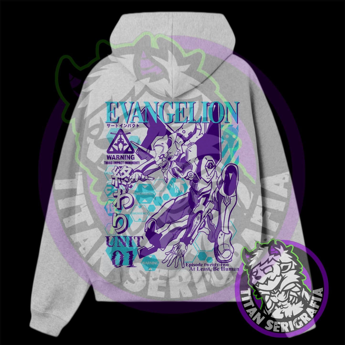 Poleron hoodie arena, rosa y gris Eva01/Neon Genesis Evangelion
