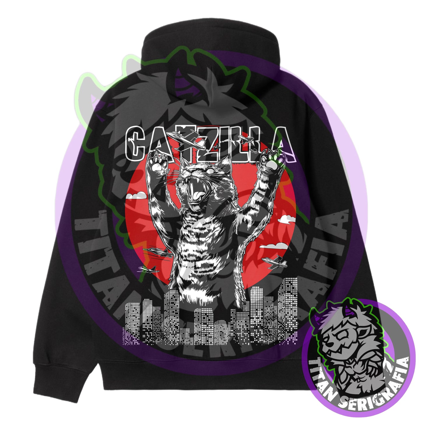 Poleron hoodie y polo negro de Catzilla/Japo Theme